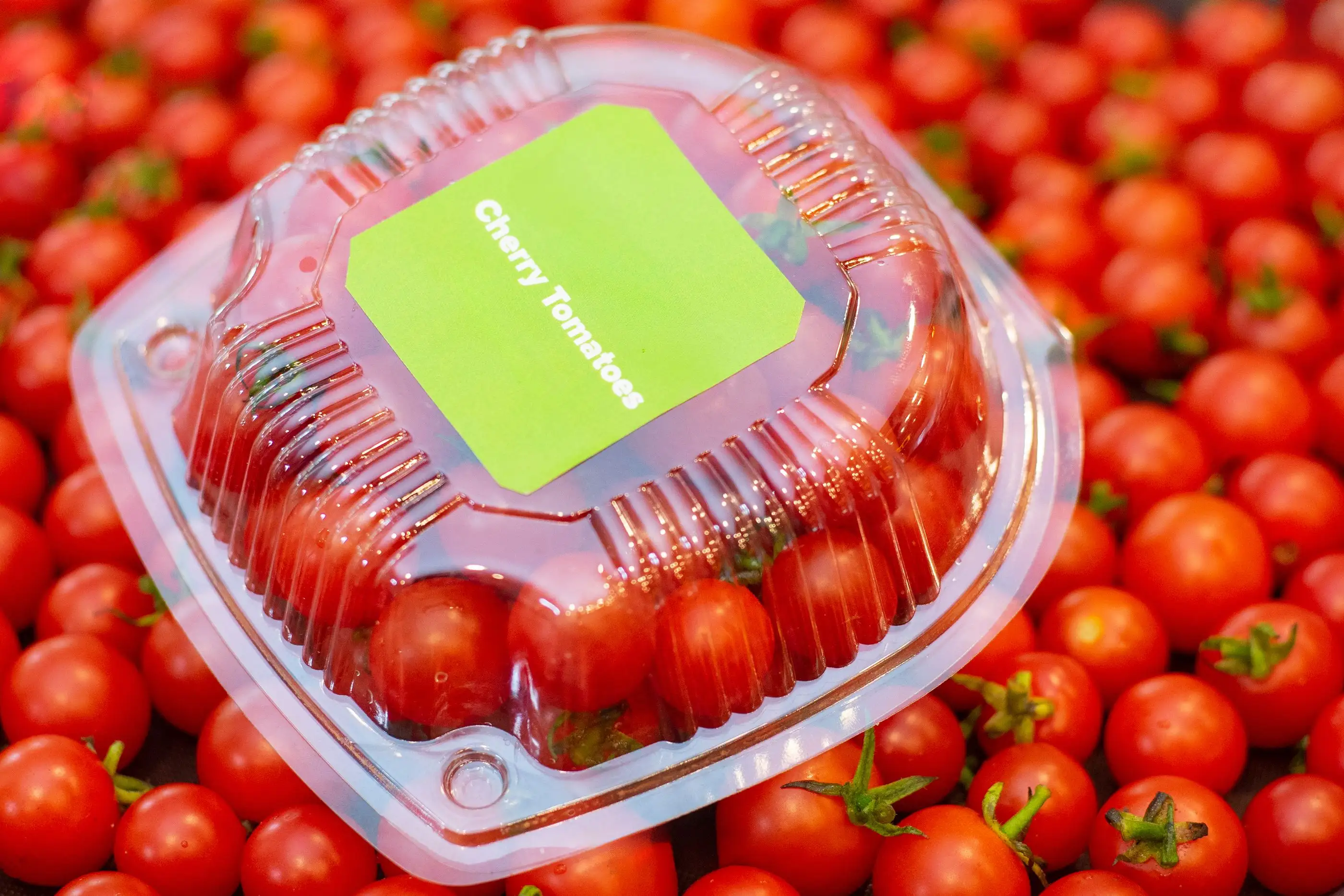 Tarrina de tomate cherry con etiqueta sobre tomates
